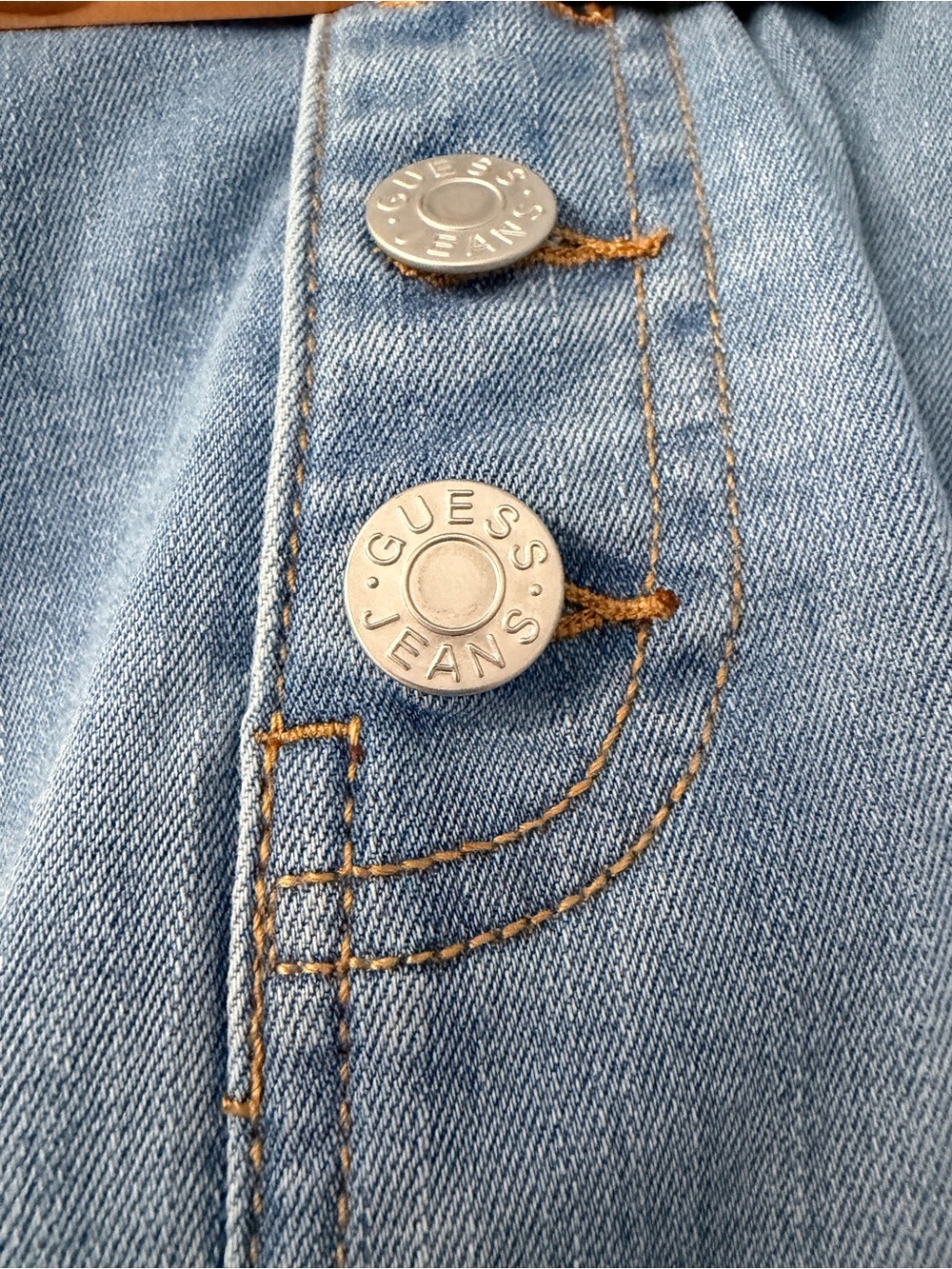 {GUESS} Light Blue Wash Distressed Denim Mini Skirt - Front High Waisted Buttons - Picture 3 of 14